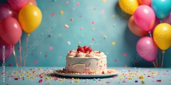 Obraz Colorful confetti and balloons fill the air as a large cake sits center stage , Balloons, Celebration