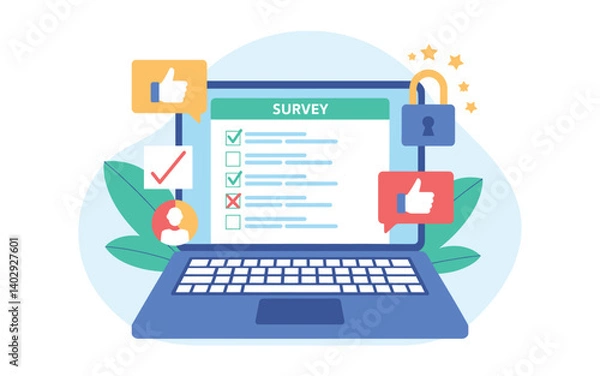 Obraz Laptop screen with checklist and survey design flat colorful vector showing online feedback with thumbs up heart icon plant leaves and geometric shapes for web and user experience