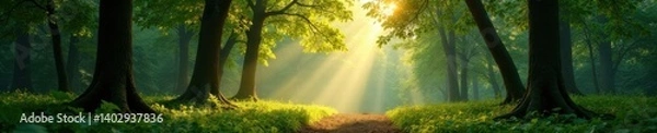 Fototapeta Panorama of a serene forest with sunlight filtering through the trees, woodland, nature, sunlight