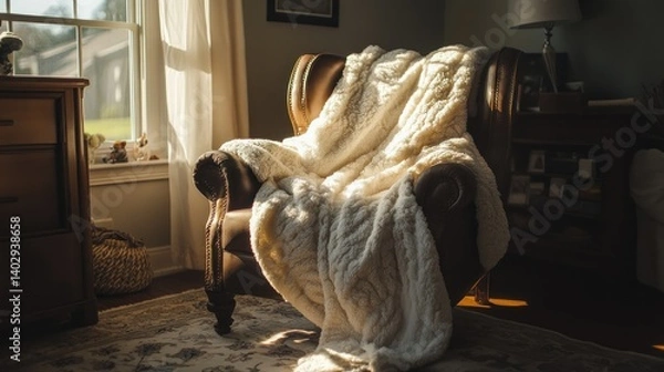 Obraz A comfortable armchair draped with a fluffy warm white blanket