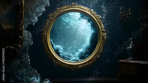 Obraz A gilded mirror reflecting a turbulent underwater scene.