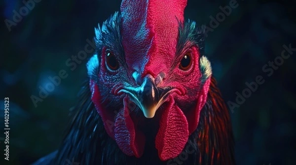 Fototapeta A vibrant portrait showcases a brightly lit rooster looking forward