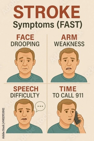 Fototapeta A visual guide outlines the symptoms of a stroke identified by the FAST acronym. The illustration features different facial expressions representing key signs to watch for in emergencies