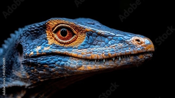 Fototapeta A close-up of a velociraptor head meticulously embroidered with intricate stitching, showcasing grey scales and a vibrant orange eye.