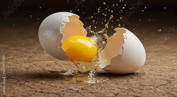 Fototapeta Chicken egg falling and breaking on the ground.