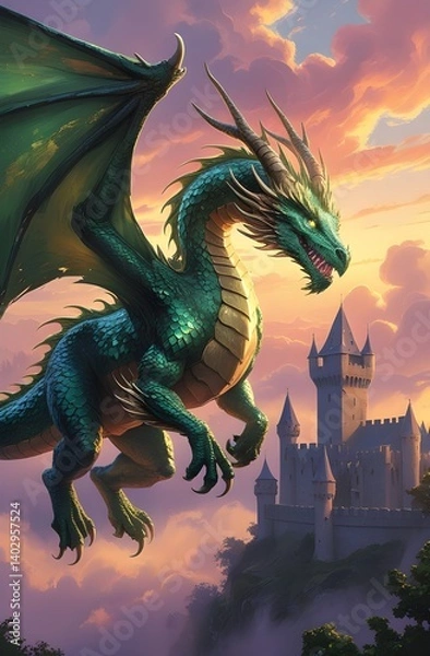 Fototapeta A mythical dragon silhouette, an ancient symbol of Chinese culture, soars through the night sky in a fantasy illustration