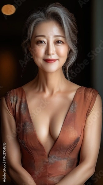Fototapeta Elegant woman in a stylish brown dress poses confidently in an upscale indoor setting during an evening event