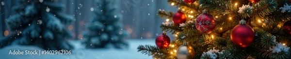 Fototapeta Warm Christmas tree with twinkling lights and ornaments against a snowy background , twinkling lights, snowflakes, holiday decor