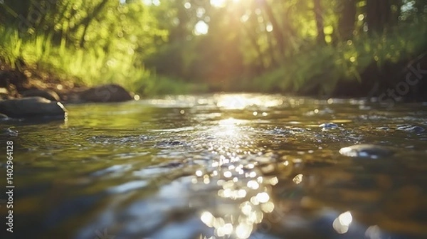 Fototapeta Tranquil river reflecting soft sunlight, a serene natural moment. Minimalism in nature's simplicity and calm.
