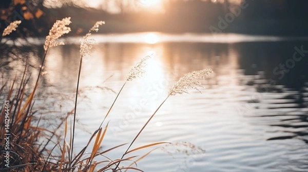 Fototapeta Tranquil river reflecting soft sunlight, a serene natural moment. Minimalism in nature's simplicity and calm.
