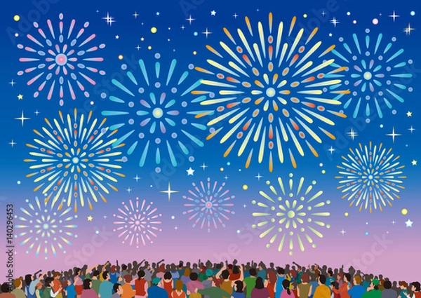 Fototapeta 群衆、花火大会、花火と群衆、星と花火