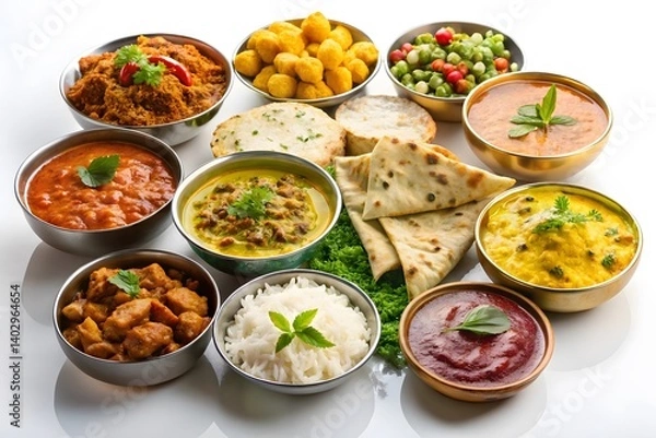 Obraz Delicious Indian Thali Platter with Assorted Curries, Naan, and Rice