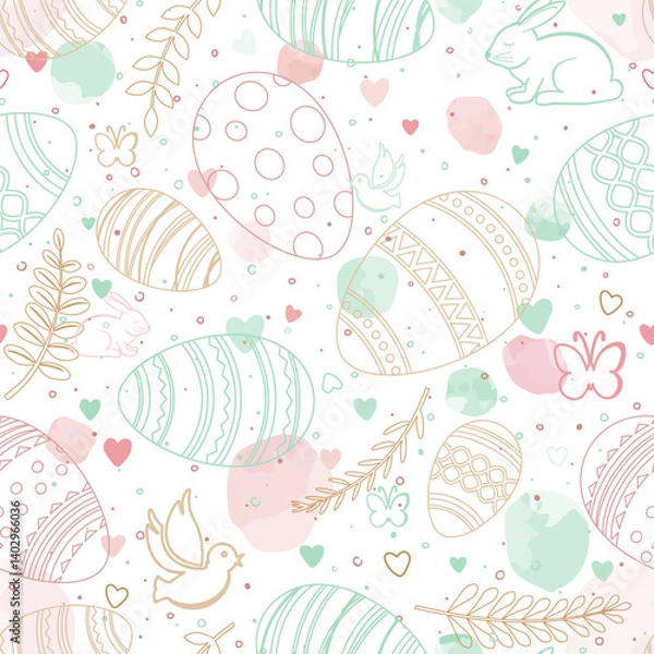 Fototapeta Easter eggs, rabbits, birds, butterflies and twigs on a white background with colored spots. Easter theme. Easter design elements and golden branches. Vector seamless pattern.