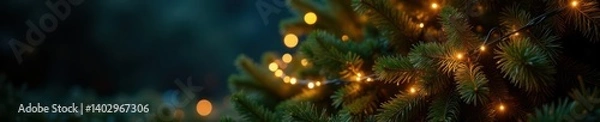 Fototapeta Twinkling electric lights wrap around a majestic Christmas tree, surrounded by lush greenery, illuminations, decorations