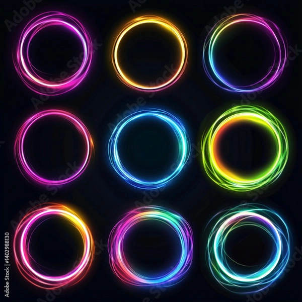 Fototapeta Neon gradient curved waves in round shapes. Set of bright spinning circular borders. Vector collection of colorful glowing circular tech frames.