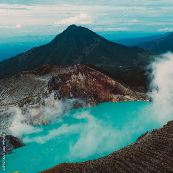 Fototapeta Aerial view of Misty Volcano of Kawah Ijen crater in East Java