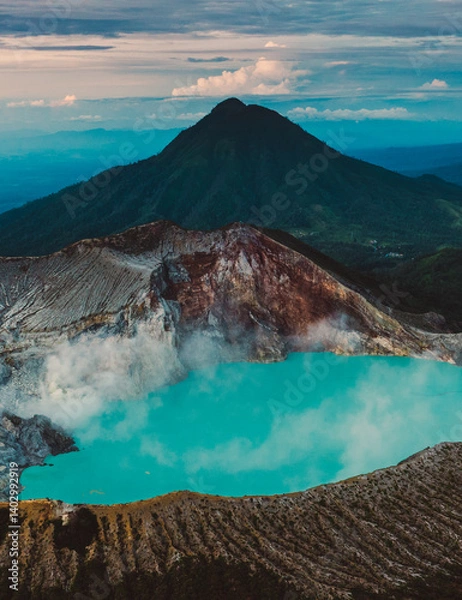 Fototapeta Aerial view of Misty Volcano of Kawah Ijen crater in East Java
