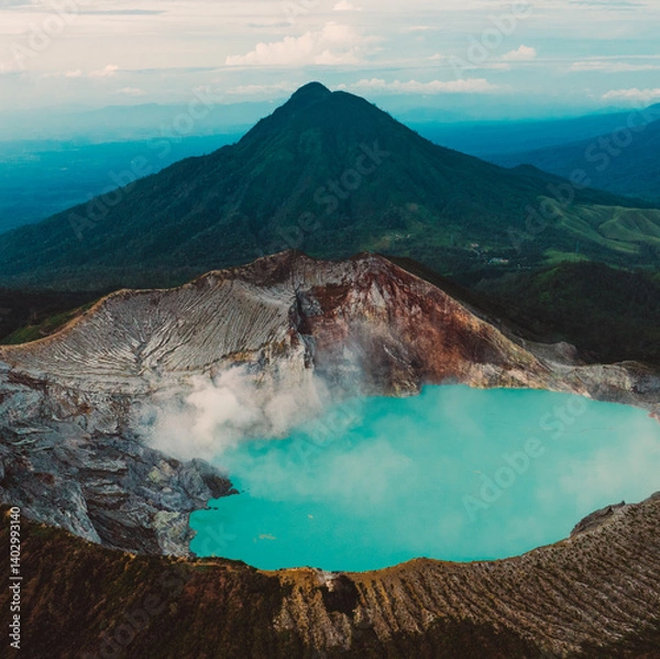 Fototapeta Aerial view of Misty Volcano of Kawah Ijen crater in East Java