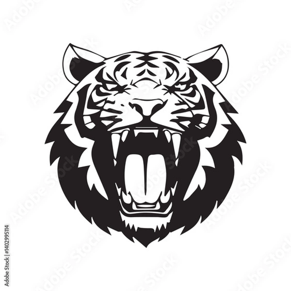 Fototapeta Set of tiger heads with open mouth and bared fangs, with different angry expressions of the muzzle. Symbols for tattoo, emblem or logo, isolated on a white background.