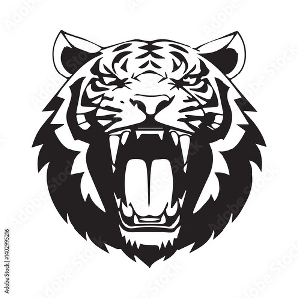Fototapeta Set of tiger heads with open mouth and bared fangs, with different angry expressions of the muzzle. Symbols for tattoo, emblem or logo, isolated on a white background.