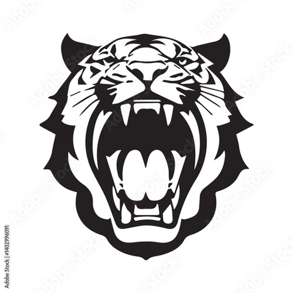 Fototapeta Set of tiger heads with open mouth and bared fangs, with different angry expressions of the muzzle. Symbols for tattoo, emblem or logo, isolated on a white background.