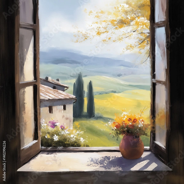 Obraz Painting of a window view of the Tuscany