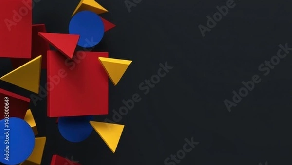Fototapeta A dynamic composition of red rectangles, blue circles, and yellow triangles floats against a dark gray background