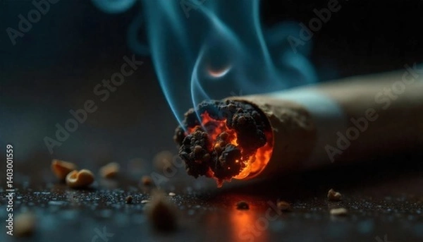 Fototapeta Close-Up of a Smoking Cigarette with Fiery Ash and Blue Smoke Against a Dark Background Capturing the Essence of Smoking Culture and Its Visual Aesthetics