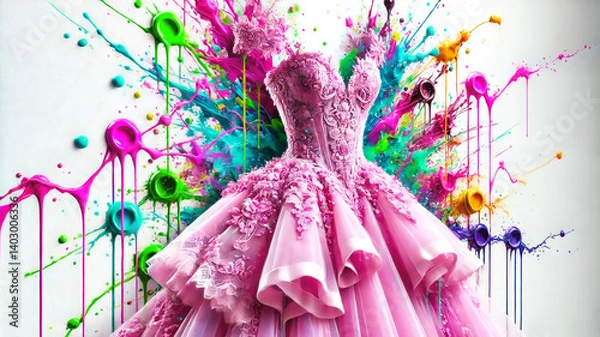 Obraz An ornate pink ball gown with floral lace details bursts from a backdrop of vivid paint splashes, blending fashion and colourful abstract art on a white canvas.
