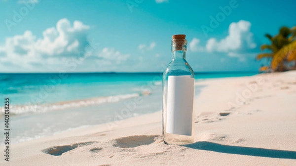 Fototapeta A weathered glass bottle with a paper message inside rests on a pristine white sand beach with turquoise sea water in the background .