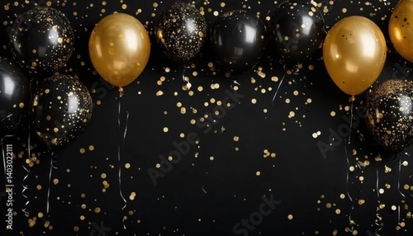Fototapeta front view of black and golden balloons and confetti at the corners of plain solid black background. with empty copy space at middle