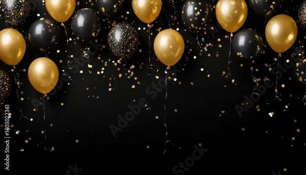 Fototapeta front view of black and golden balloons and confetti at the corners of plain solid black background. with empty copy space at middle