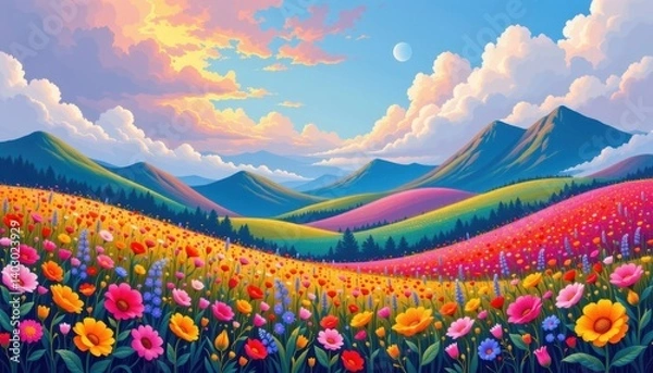 Fototapeta Colorful Dreamscape Illustrate an abstract landscape where flowers blend into surreal hills and clouds, using vibrant and harmonious colors.