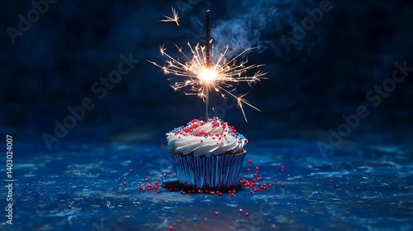 Obraz Blue cupcake with red and white sprinkles and lit sparkler on a blue background. Festive buttercream birthday cupcake with red, white and blue sprinkles and lit sparkler on a dark blue background. bir