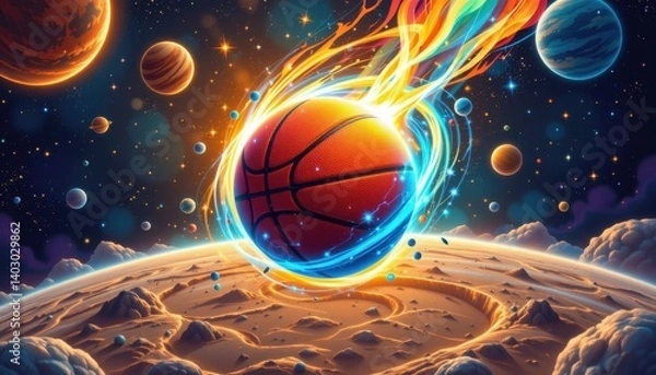 Fototapeta Galactic Basketball Illustrate a basketball floating in space, surrounded by planets and stars, with cosmic energy swirling around it.