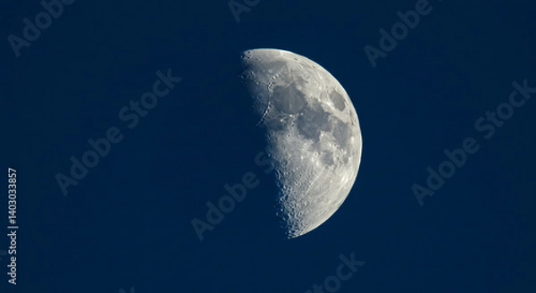 Fototapeta Close up picture of waxing crescent moon in blue sky,moon, night, sky, full, space, astronomy, crater, lunar, planet, dark, black, moonlight, full moon, light