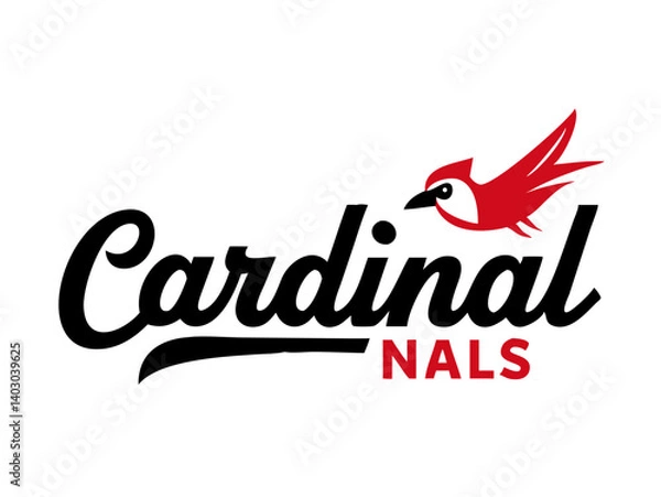 Fototapeta Bold logo featuring a flying cardinal, perfect for a company or team identity. A stylized logo showcasing a red cardinal in flight against a backdrop of black typography spelling out "Cardinal"  .