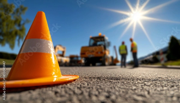 Fototapeta Construction site with bright sun shining down road. An orange traffic cone is foreground, while construction workers are visible background, engaged their tasks. scene conveys sense of activity