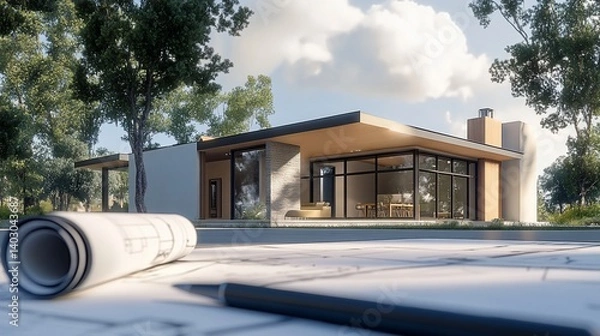 Fototapeta Architectural Design Rendering Showcasing a Modern House and Blueprints
