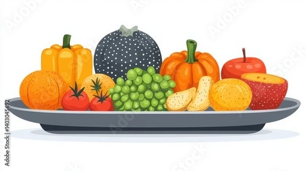 Fototapeta Plate filled with assorted fresh fruits and vegetables in a vibrant display for healthy eating