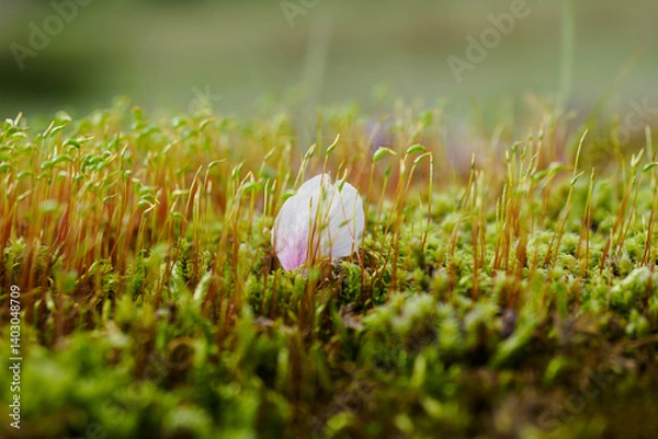 Obraz コケの中に落ちた桜の花びら