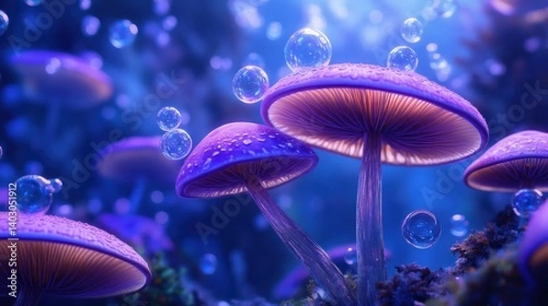Fototapeta Enchanting luminous fungi nestled among iridescent bubbles in a serene dreamscape
