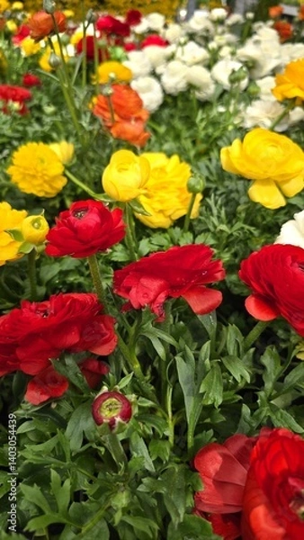 Fototapeta Bright red, yellow, orange and white buttercup flowers blooming densely in a garden bed. Colorful spring ranunculus flowers with lush green foliage in a nursery or outdoor floral display.
