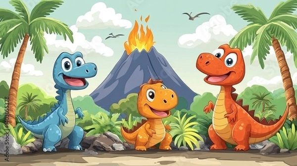 Obraz Playful dinosaurs in a prehistoric landscape with palm trees and volcanoes in the background 