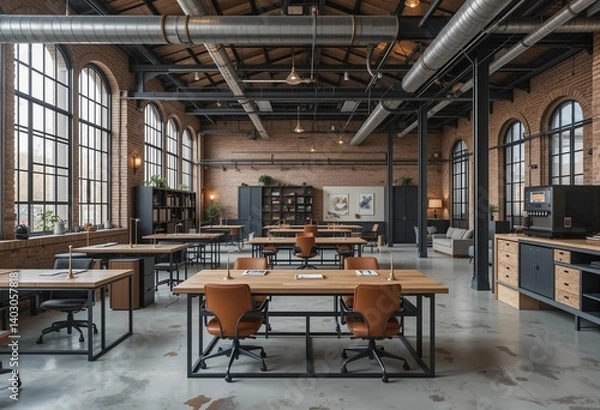 Fototapeta  Spacious Industrial Style Coworking Space with Brick Walls, High Ceilings, Large Windows, and Modern Desks