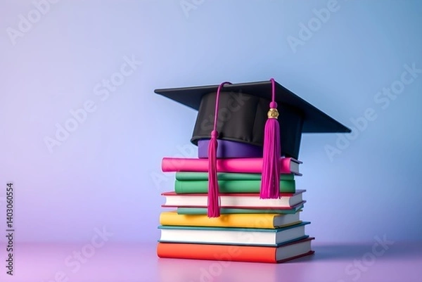 Fototapeta A stack of colorful books supports a black graduation cap with a vibrant pink tassel. The background is a gradient of purple and blue, suggesting education and achievement