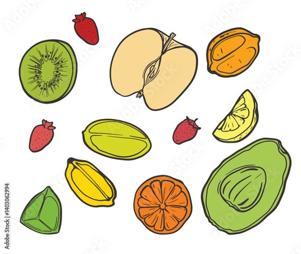 Fototapeta A set of vector stickers isolated from the background depicting bright and appetizing fruits that will instantly cheer you up and decorate your digital project.