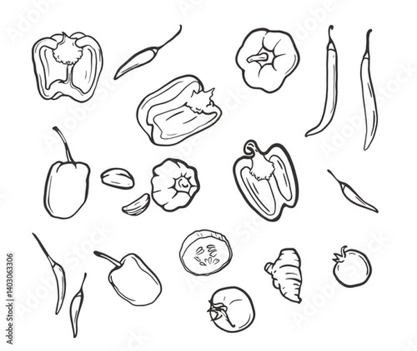 Fototapeta Vector isolated from background stickers depicting appetizing vegetables drawn by hand with simple and expressive lines. These charming illustrations are perfect for a variety of creative projects
