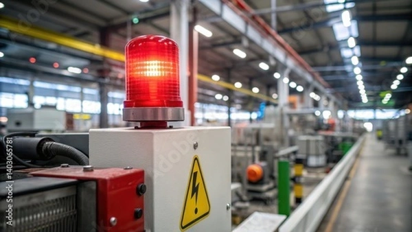 Fototapeta factory worker factory floor accident Concept. Red warning light in an industrial setting, indicating safety alert in a factory environment.