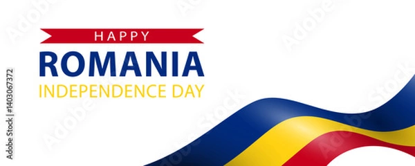 Obraz Romania Independence Day, simple minimalist web banner design. Text Happy Romania Independence Day and Romanian flag on white background.